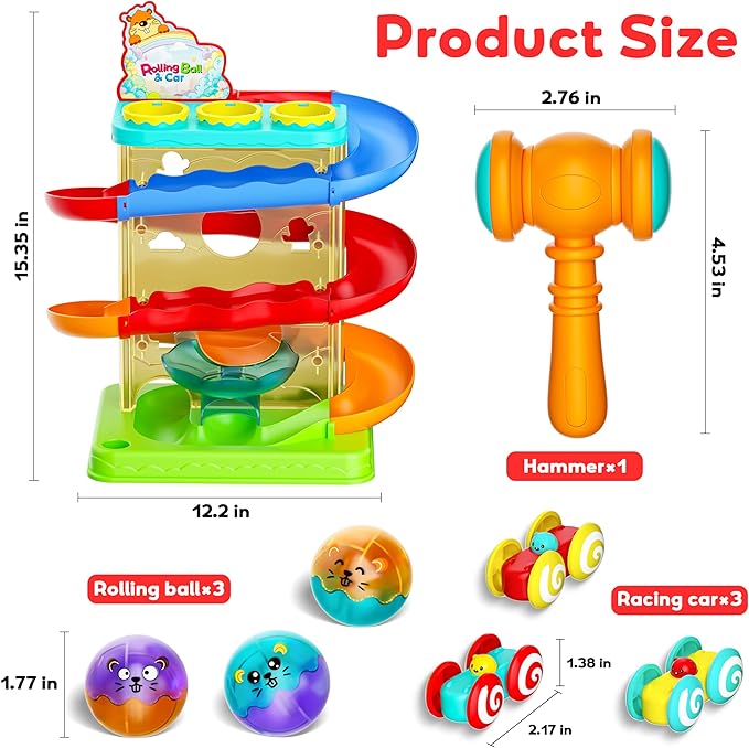 2-in-1 Rolling Ball & Car Ramp Race Track for Toddlers, Hammer Ball Drop Toy for Boys & Girls, Interactive Playset w/Sensor Lights - Montessori STEM Learning Toys for Kids 1-5+ Year Old
