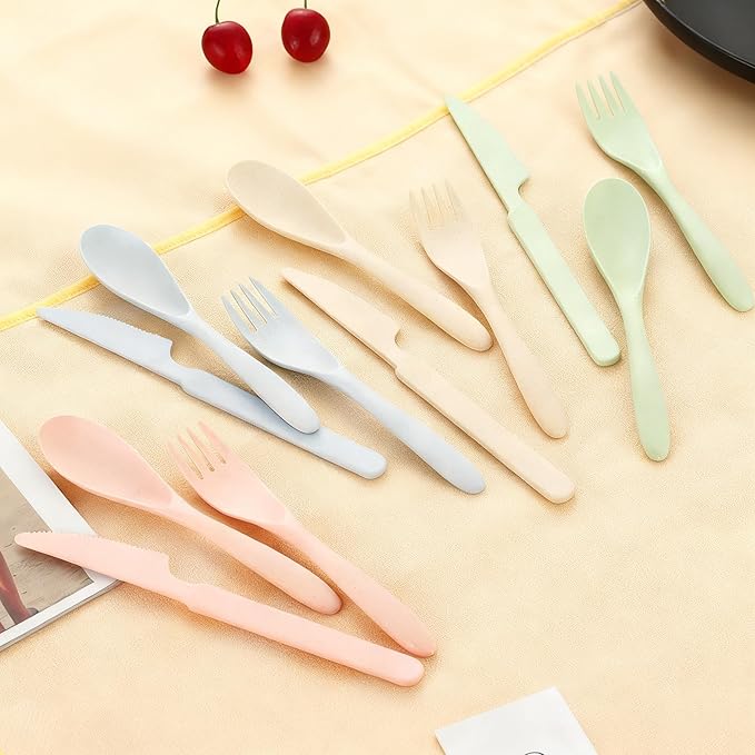 Portable Wheat Straw Cutlery, Knives Spoons and Forks Set, Reusable Spoon Knife Forks, Spoon Knife Fork Tableware Set for Party, Travel, Work, Picnic, Camping