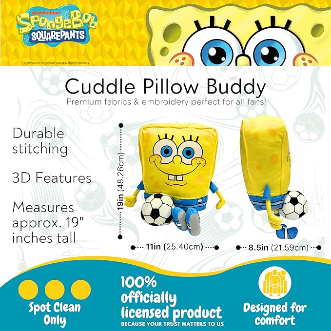 Spongebob Squarepants Soccer Plush Cuddle Pillow Buddy, Kids Bedding Super Soft Sports Pillow, 19" Tall, 2026 World Soccer Tournament (Officially Licensed Product) by Franco Collectibles