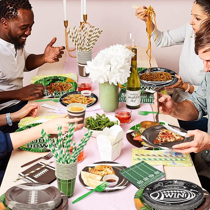 300 Pcs Football Plates and Napkins Tableware Sets (Serve 50), Football Party Supplies, Including Football Plates Napkins Forks Straws and Cups (Blending 2 Designs), Suitable for Game Day Party