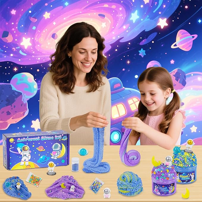 Galaxy Cloud Slime Kit for Kids, Glow in The Dark Space Slime with Astronaut Charms, Non-Sticky Soft Sensory Toys, Birthday Gifts Party Favors Classroom Prizes for Boys Girls Ages 4-12