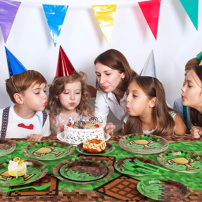 Pixel Party Paper Plates and Napkins Supplies - Serves 25 - 9" & 7" Paper Plates Napkins Forks Tablecloth - for Baby Shower Video Game Pixelated Themed Birthday Supplies