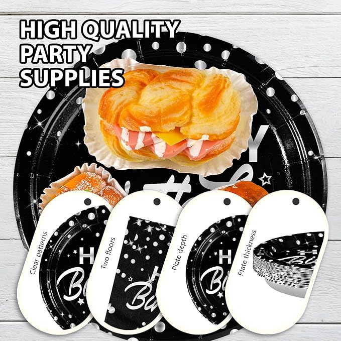 Grencian 96Pcs Black and Silver Birthday Party Decorations Silver Polka Dots on Black Paper Plates and Napkins Disposable Tableware for Women Men Birthday Party Graduation Decorations 2026 Serve 24
