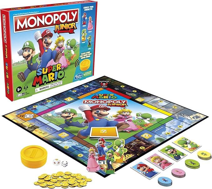 Monopoly Junior Super Mario Edition Board Game, Fun Kids' Ages 5 and Up, Explore The Mushroom Kingdom as Mario, Peach, Yoshi, or Luigi (Amazon Exclusive)