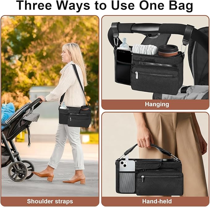 Universal Stroller Organizer with Insulated Cup Holder, Stroller Caddy with Detachable Bag & Shoulder Strap, Stroller Attachment Non-Slip Secure Hooks Accessories Fits Most Strollers