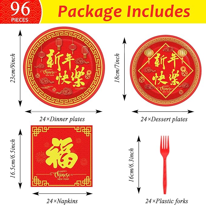 Wiooffen 96 Pcs Chinese New Year Party Plates Napkins Tableware Set Happy 2026 Horse Year Supplies Disposable Dinnerware Spring Festival Decoration Favors for Chinese New Year Eve, 24 Guests