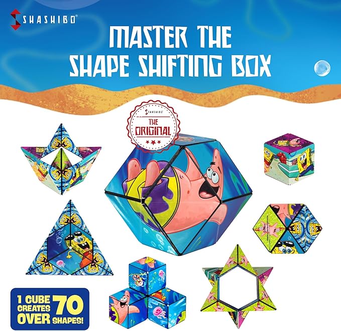 SHASHIBO Spongebob Squarepants Shape Shifting Box - STEM Magnetic Fidget Cube that Transforms Into Over 100 Shapes, Download Fun in Motion Toys Mobile App (Beach Buddies)