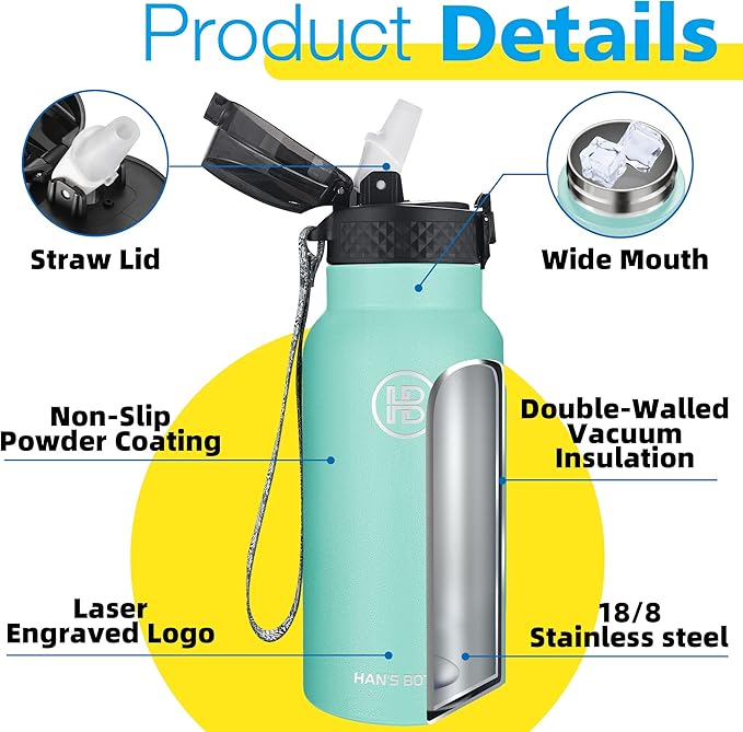 Han's Bottle Kids Water Bottle with Straw Lid - Insulated Stainless Steel Reusable Tumbler for Girls,Boys,Thermo Mug,17oz,Sky