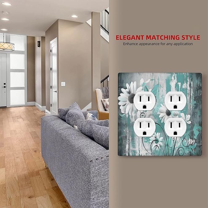 Outlet Covers Teal Daisy Floral Vintage Wood Plank 2 Gang Double Duplex Decorative Light Switch Covers Electrical Wallplates Socket Faceplate For Farmhouse Cabin Decor
