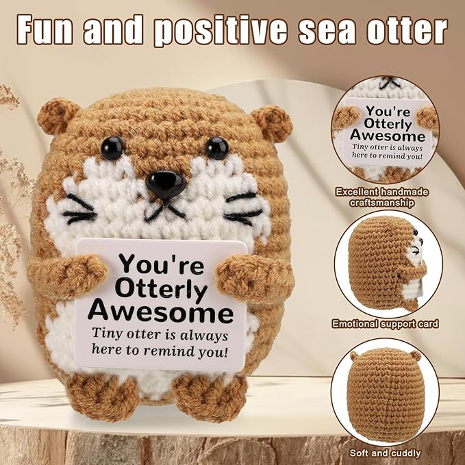TOYMIS Funny Positive Sea Otter, Mini Crochet Potato Doll Emotional Knitted Animal Handmade Otter Toy with Support Card Cute Cheer Up Gift for Friend Coworker Birthday Encouragement Party Decoration