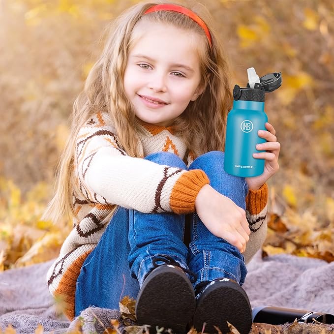 Han's Bottle Kids Water Bottle with Straw Lid - Insulated Stainless Steel Reusable Tumbler for Girls,Boys,Thermo Mug,12oz,Ocean