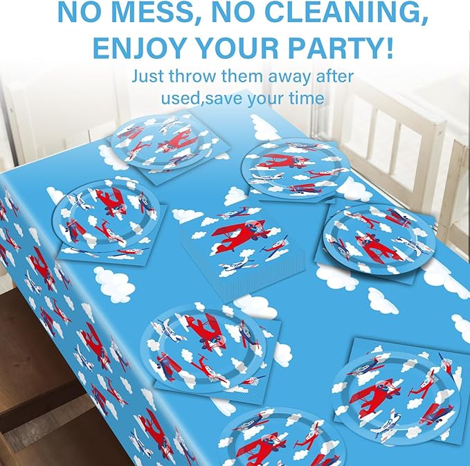 Airplane Birthday Party Supplies Serves 24 Plane Party Paper Plates Napkins Set Airplane Tablecloth Tableware Kit for Baby Shower Decorations Kids Boys Girls