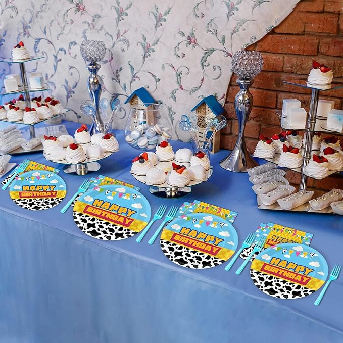 gisgfim 96 Pcs Cartoon Story Party Plates and Napkins Party Supplies Cow Pattern Blue Sky Tableware Set Cartoon Story Decorations Favors for Birthday Baby Shower for 24 Guests