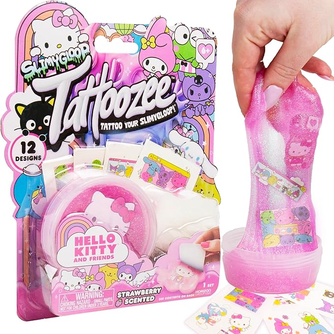 SLIMYGLOOP Tattoozee, Hello Kitty and Friends Tattoo Transfer Slime Kit, Sensory Play for Kids Ages 6+, Strawberry Scented, Glitter Texture