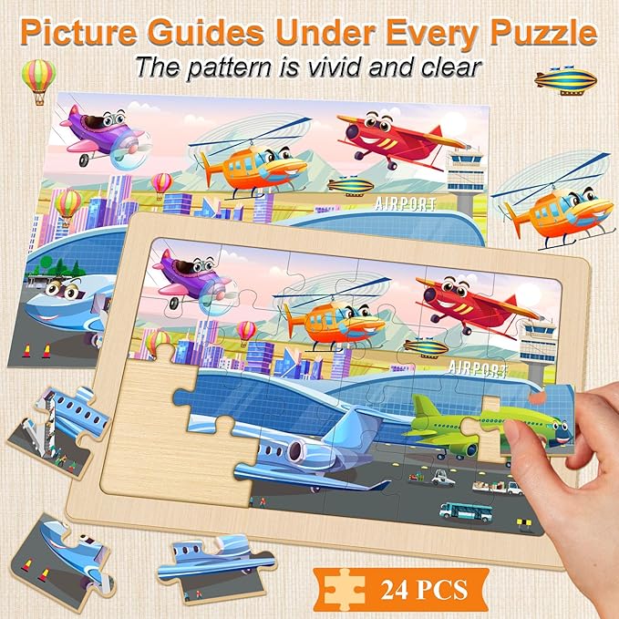 24 Piece Wooden Vehicle Jigsaw Puzzles for Kids 3-5, 4 Packs Transportation Puzzle with Storage Tray, Construction Excavator, Fire Truck & Airplane STEM Learning Toys, Birthday Gift for Kids Ages 3-8
