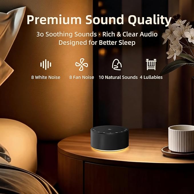 Kipcush White Noise Machine with Night Light – Nursery Sound Machine with Soft Non-Glare Lamp, 30 Soothing Sounds, 8 Color Lights, Up to 8-Hour Timer for Baby & Adults