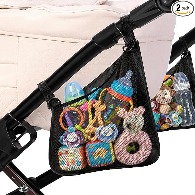 Stroller Side Bag - Bike/Stroller Organizer, Hook & Loop Easy Attach - Mesh Design, Non-Slip Straps, mom Cozy Stroller Organizer, Stroller Accessories, Black (BLACK 2PCS)
