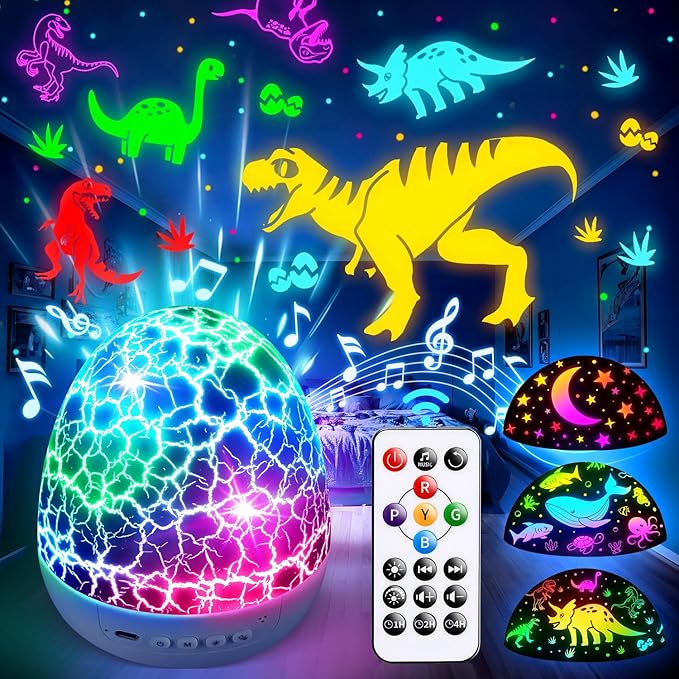 PIKOY Dinosaur Toys for Kids 3-5 Easter Gifts for Kids Toys Night Light Projector Dinosaur Eggs Easter Eggs Night Light for Kids | 15 Sounds & 3D Films | 31Colors & Remote Control | Easter Toys