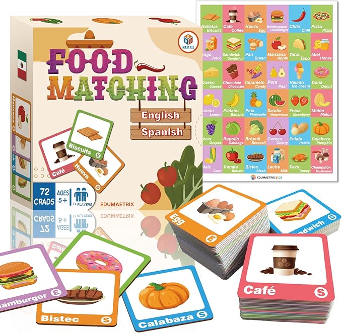 72 (36 Pairs) Spanish English Bilingual Food Fruit Memory Matching Game with Overview Poster and Online Audio Language Learning Games for Kids -Early Education ESL and Language Immersion