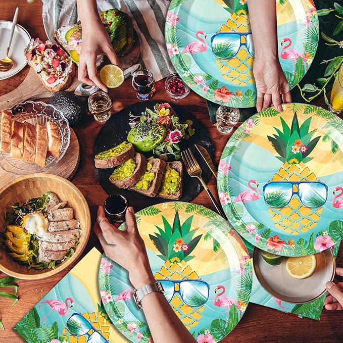 40pcs Fancy Land Flamingo Party Supplies Summer Beach Paper Plates and Napkins Set Pineapple Summer Hawaiian Tableware for 20 Guests