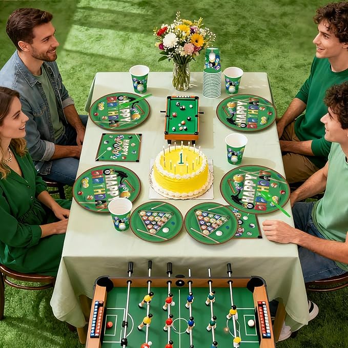 168Pcs Billiards Birthday Party Decorations Snooker Ball Sports Themed Plates Napkins Cups Forks Knives Spoons Disposable Paper Tableware for Billiards Theme Sports Party Supplies Serves 24