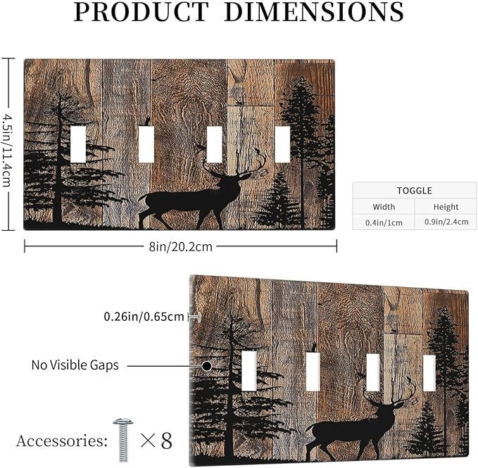 Light Switch Covers Rustic Forest Antler Elk Deer Silhouettes Animals Wood Grain Quad Toggle 4 Gang Wall Plate Electrical Faceplate Decorative Switch Plates for Farmhouse Home Decor