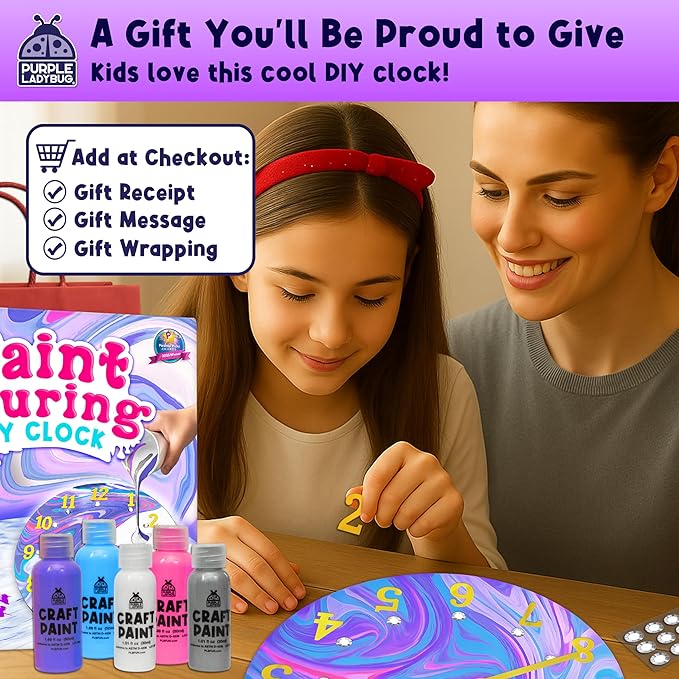 PURPLE LADYBUG Paint Pouring DIY Clock Kit - Arts and Crafts for Kids Ages 8-12, Painting Kit for Kids 6-8 - Gifts for 6-12 Years Old Girls & Boys Birthday - Tween & Teen Girl Gifts Ideas