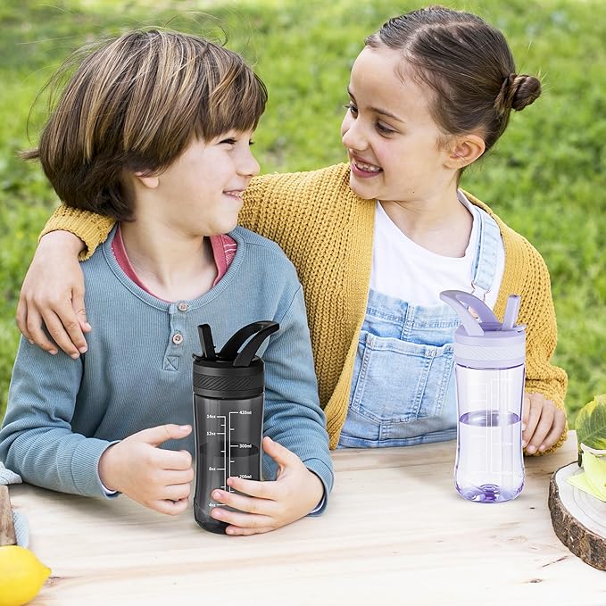 Kids Clear Water Bottle 14oz Flip with Straw Carry Handle, Leakproof, Reusable, Tritan, BPA Free, Suitable for Boys and Girls, Black