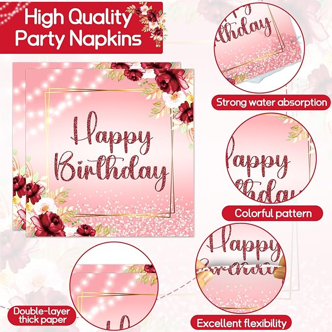 96Pcs Burgundy Birthday Party Supplies Burgundy Floral Paper Plates Napkins Flower Birthday Party Tableware Set Red Gold Dinnerware for Girl Party Baby Shower Decoration Serve 24