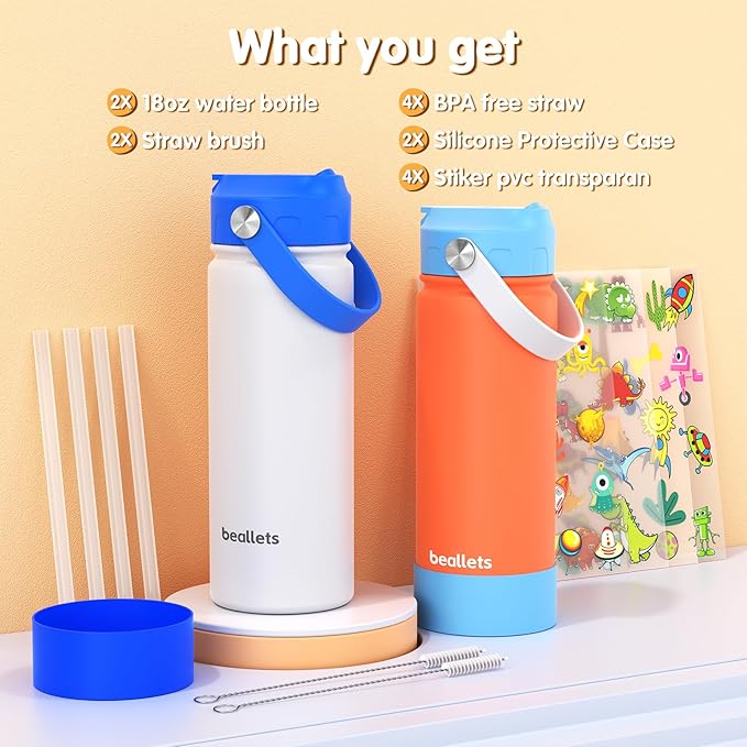 2-Pack Kids Water Bottle, 18oz Toddler Insulated Bottles with Stickers, 18/8 Stainless Steel Leak-Proof Kids Straw Cup for School, Gifts for Boy(BlueOrange + BlueWhite)