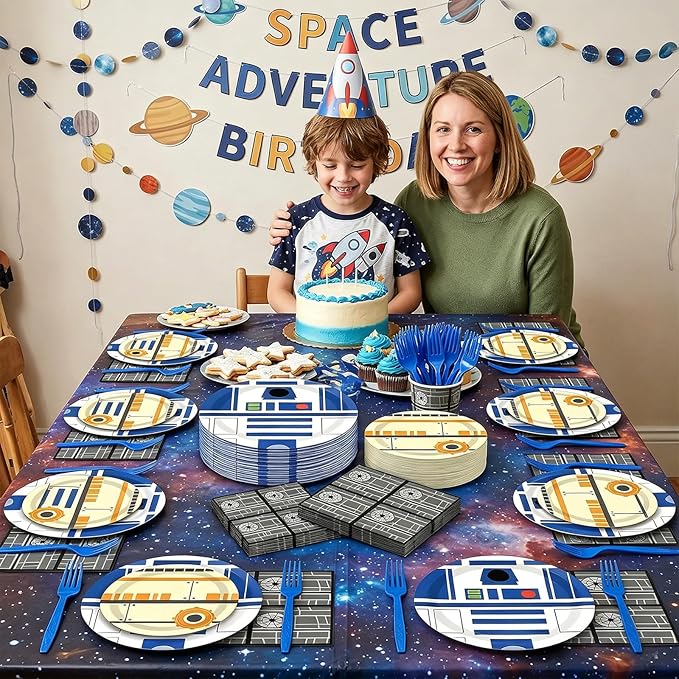 96 Pcs Galaxy Movie Star Birthday Paper Plates and Napkins Stars Party Decorations Space Theme Tableware Galaxy War Disposable Dinnerware Set for Universe Outer Space Birthday Party Serves 24 Guests