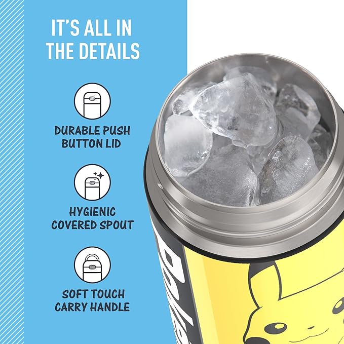 THERMOS FUNTAINER 16 Ounce Stainless Steel Vacuum Insulated Bottle with Wide Spout Lid, Pokemon