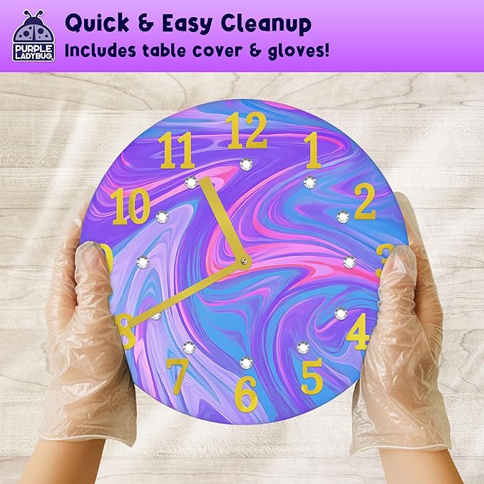 PURPLE LADYBUG Paint Pouring DIY Clock Kit - Arts and Crafts for Kids Ages 8-12, Painting Kit for Kids 6-8 - Gifts for 6-12 Years Old Girls & Boys Birthday - Tween & Teen Girl Gifts Ideas