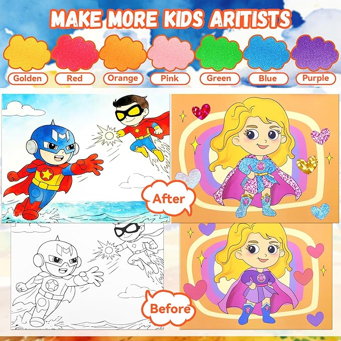 CHICAUP Paint with Water Coloring Books Shimmer Art Kit for Kids, Superhero Themed Arts and Crafts Set with Watercolor Painting Kit, Travel Art Supplies for Boys Girls Ages 4-8 Birthday Christmas