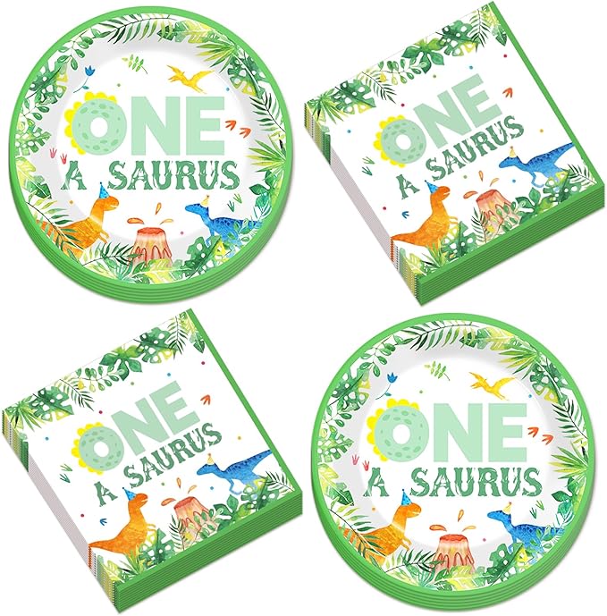 CHUNNIN 50PCS One A Saurus Birthday Party Paper Plates and Napkins Dinosaur First Birthday Decorations Dinosaur First Tableware Set Serves 25 Guests Boy Kids Dino Baby Shower Party Supplies
