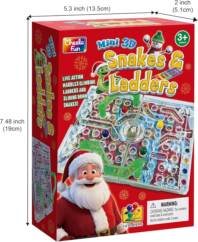 3D Snake & Ladders - Christmas Edition | Festive Foldable Board with 3D Plastic Ladders | Portable Travel Game, No Batteries Needed | Ideal Holiday Party Game for Family