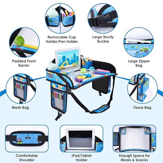 Kids Travel Tray, Kids Travel Trays for Car Seat, Road Trip Essentials for Toddler, Carseat Lap Tray with Dry Erase Board & Storage Organizer for Road Trip Activities for Kid, Light Blue