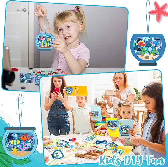 Chiisong 24 Sets Fishbowl Paper Crafts for Kids Summer Fish Tissue Paper Sign Craft Kit Make Your Own Aquarium DIY Paper Craft Art Projects for Kids Fun Classroom Home Activities, 4 Styles