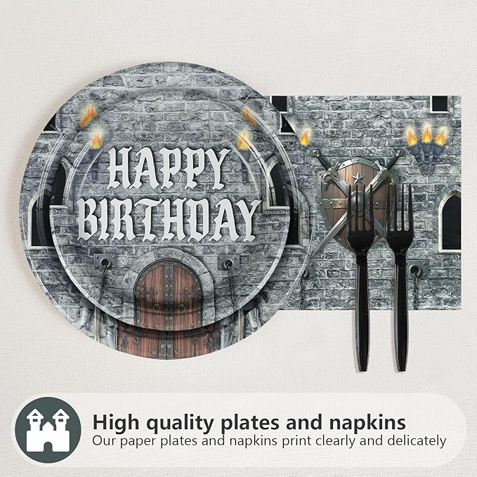 Grencian 96Pcs Medieval Castle Party Supplies Castle Birthday Plates and Napkins Disposable Medieval Knight Tableware Set for Kids Birthday Baby Shower Halloween Decorations Serves 24