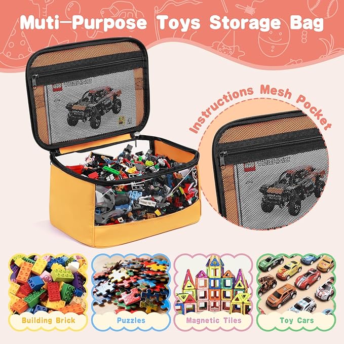 4 PCS Toy Storage Bags, Transparent PVC Toy Organizer Bag with Manual Pocket for Classic Building Bricks, Puzzles, Toy Cars, Large Size, Multicolor
