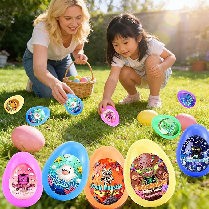 8-Pack Easter Eggs Slime Kit for Kids - Toothy Monster Themed Slime with Resin Charms & Mini Accessories, Easter Basket Stuffers, Party Favors, Birthday Gifts & Classroom
