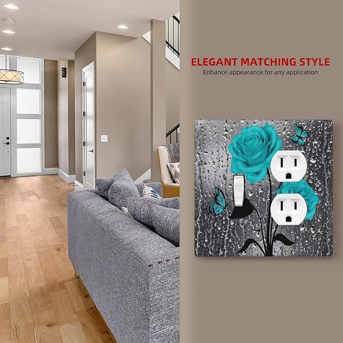2-Gang 1-Toggle 1-Duplex Combination Wall Plate Women Elegant Butterfly Teal Blue Gray Rose Flower Water Raindrop Floral Two Combo Double Device Toggle/Outlet Receptacle Light Switch Face Plate Cover