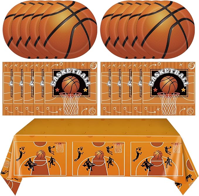 41Pcs Basketball Theme Birthday Party Decorations Basketball Party Supplies Tableware Set Basketball Paper Plates,Napkins,Tablecloth丨Kids and Adults Basketball Sports Birthday Party Decor,Serves 20