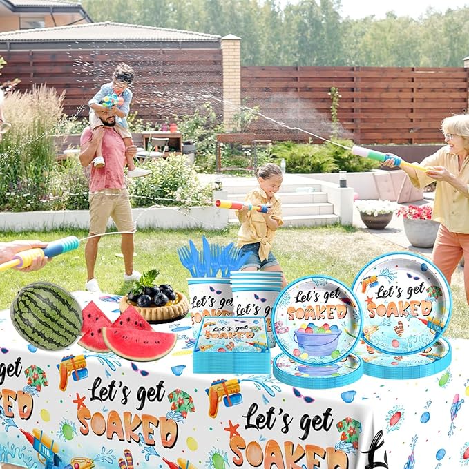 Summer Party Decorations, 142Pcs Water Gun Party Decorations Tableware Set,Include Plates and Napkins,Tablecloth,Banner for Let's Get Soaked Pool Beach Party Birthday Supplies, Serves 20