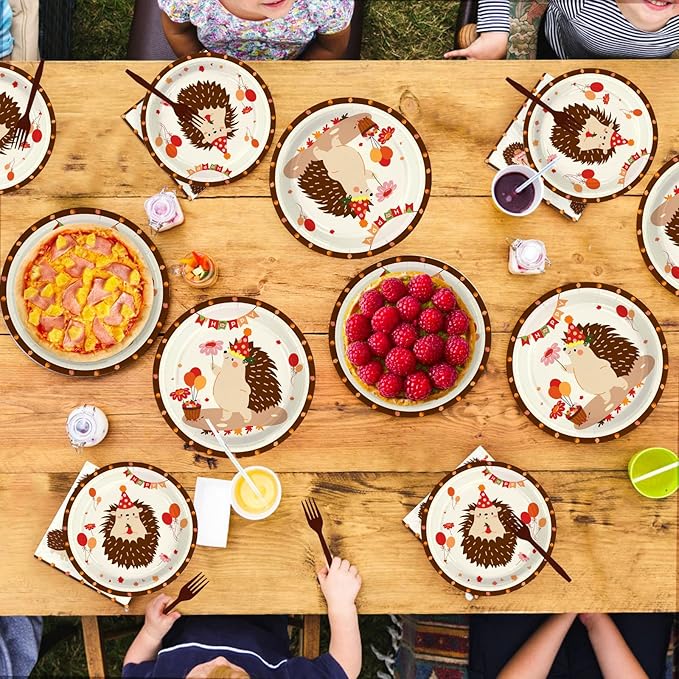 96Pcs Hedgehog Birthday Party Supplies Forest Hedgehogs Woodland Plates and Napkins Cartoon Forest Animal Themed Tableware Set for Kids Boys Girls Birthday Party Supplies，Serves 24