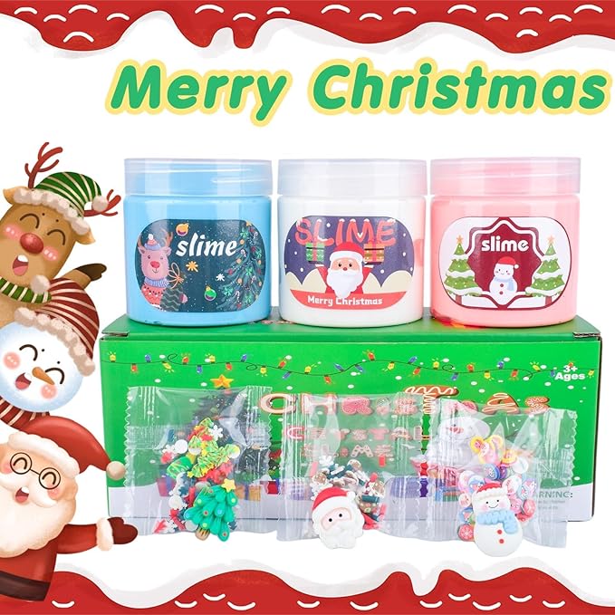 3 Pack Christmas Butter Slime Kit for Kids, Scented Slime with Santa Claus, Snowman, Christmas Tree Charm, Soft, Non-Sticky, Goodies Bag Toy for Party Favors, Birthday Gifts for Girl Boy