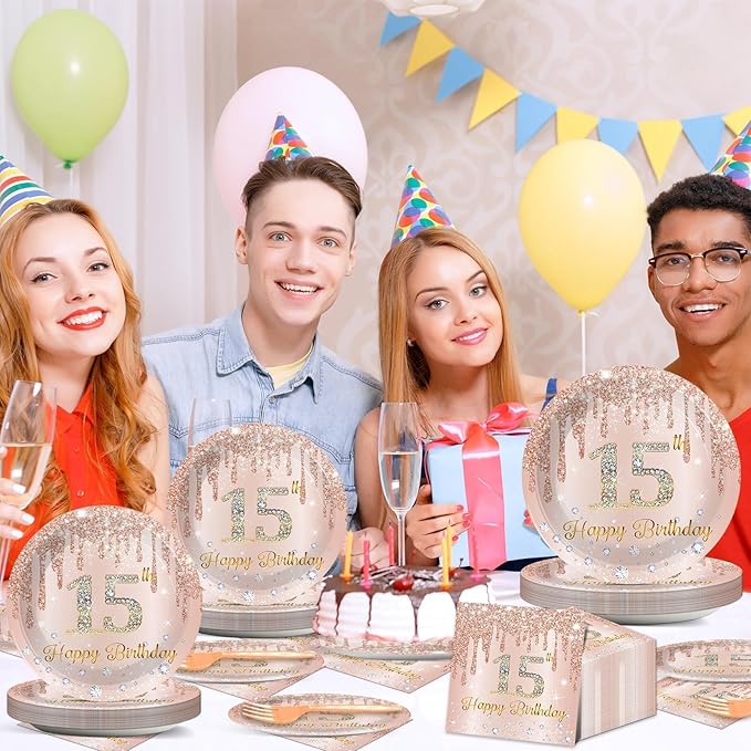 96Pcs 15th Birthday Party Plates and Napkins for 15 Year Old Birthday Party Supplies Rose Gold Paper Dessert Plates 15th Birthday Tableware Set for Girls Women 24 Guests Party Decorations