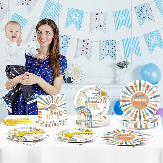 96Pcs Here Comes The Son Party Plates and Napkins for Boho Sun Birthday Party Supplies Here Comes The Son Themed Paper Dessert Plates Sunshine Tableware Set for Baby Shower 24 Guests Party Decorations