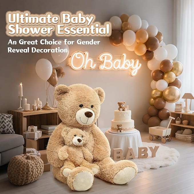 MorisMos Decorations Teddy Bear with Baby for Baby Shower, 39 Inch Soft Bear Stuffed Animal, Gift for Birthday Kids Girls Boys, Party Favor, Tan
