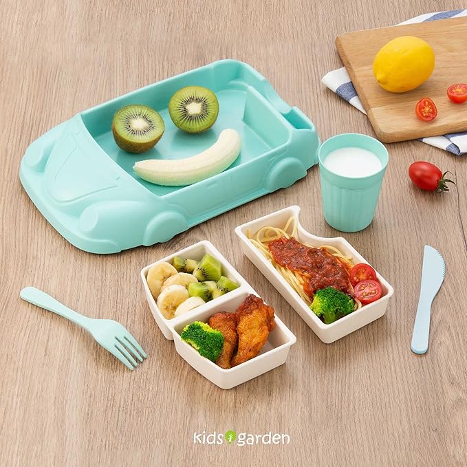 Kids garden Car Plate 8Pcs/Set Bamboo Children Dinnerware Sets - Dishwasher/Microwave Safe Includes Cutlery, Beautiful Plate, Separable Bowls & Cup Happy MealTime, Light Green, YK-001